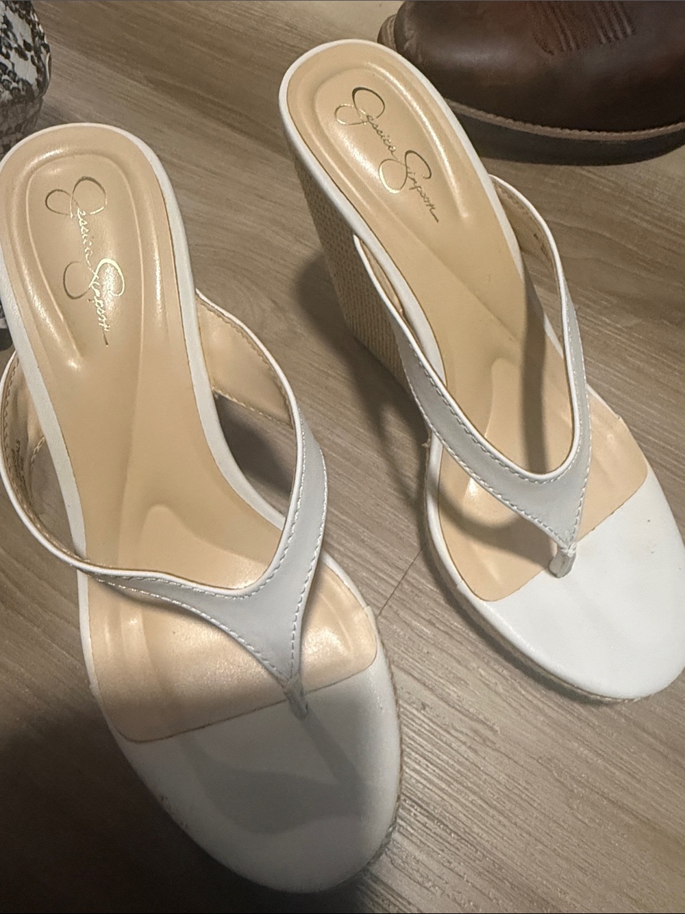 Jessica Simpson White Wedge Thong Sandals with Beige Footbed